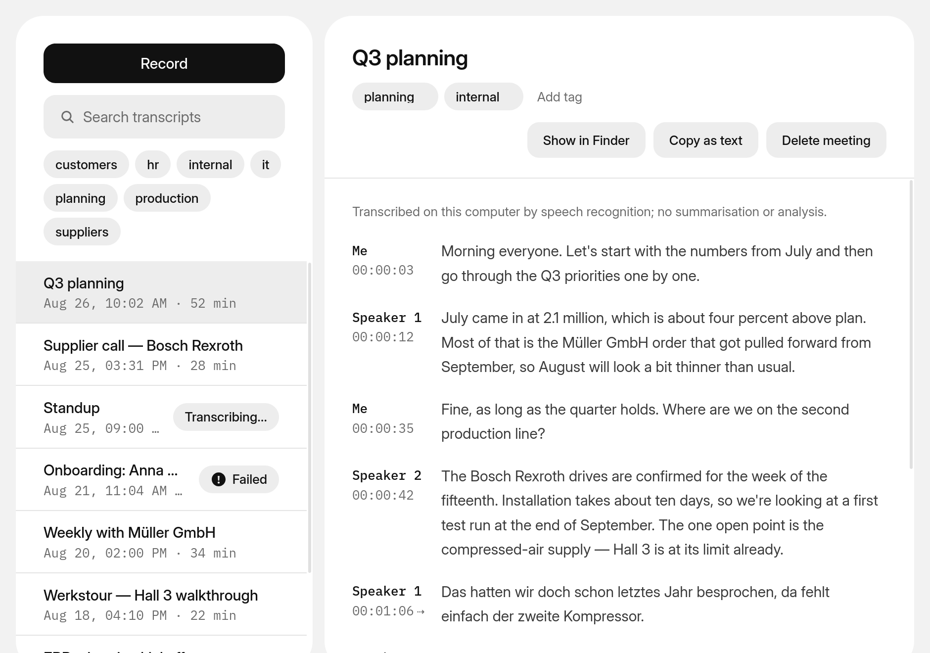 Meetings with search and tags on the left, the transcript on the right.